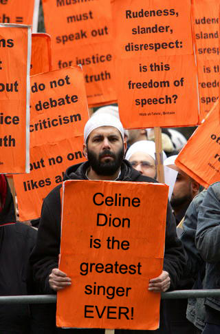 Protester defends Celine Dion from Troy Lukkarila.